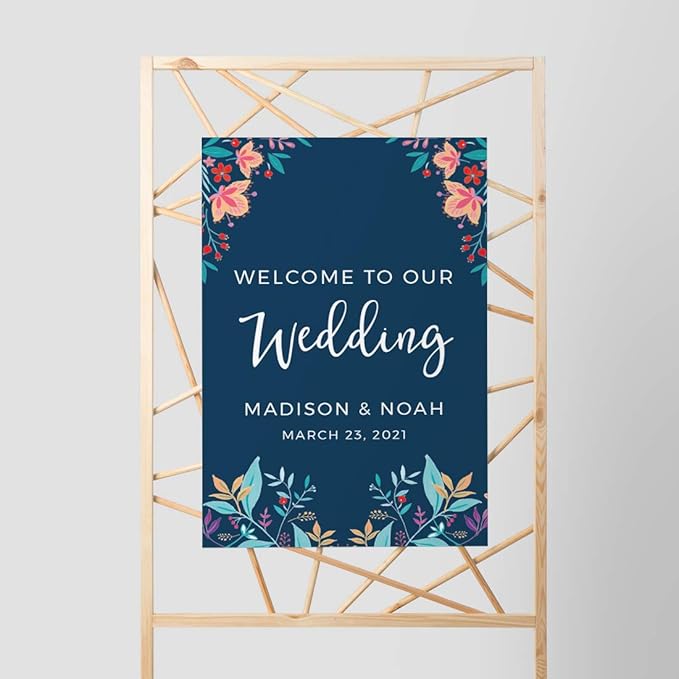 Andaz Press Personalized Extra Large Wedding Easel Board Party Sign, 12x18-inch, Vintage Bohemian Flowers on Navy Blue, Welcome to Our Wedding Bride Groom Name Date, 1-Pack, Custom