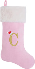 20-Inch Letter Embroidered Christmas Stocking Thick and Luxurious Pink Velvet with Super Soft Plush Cuff Personalized Festival Decoration for Xmas and New Year Party(Letter C)