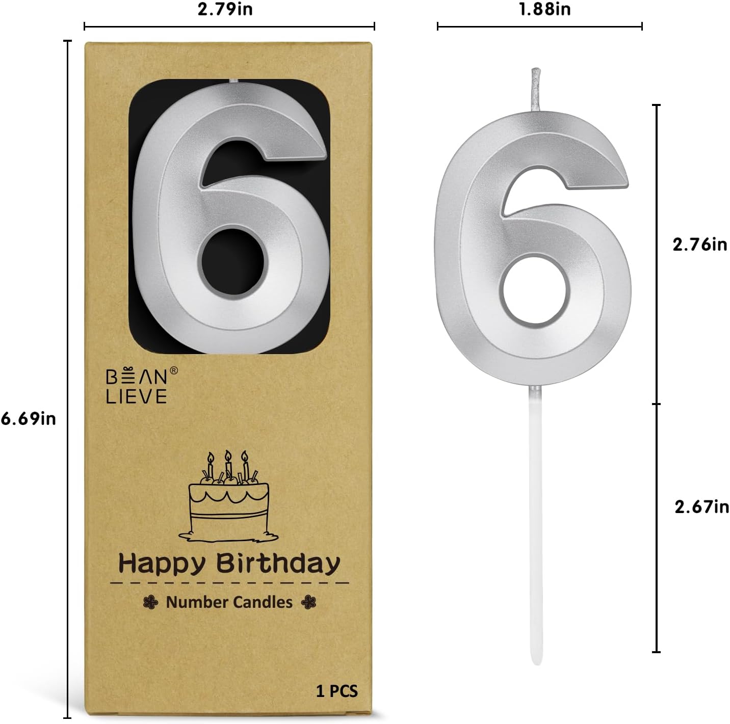 BEAN LIEVE 2.76 Inch Silver Number Candle 6 - Elegant Diamond-Cut Number Birthday Candles,Birthday Cake Topper for Wedding, Anniversary, Birthday Party Decor