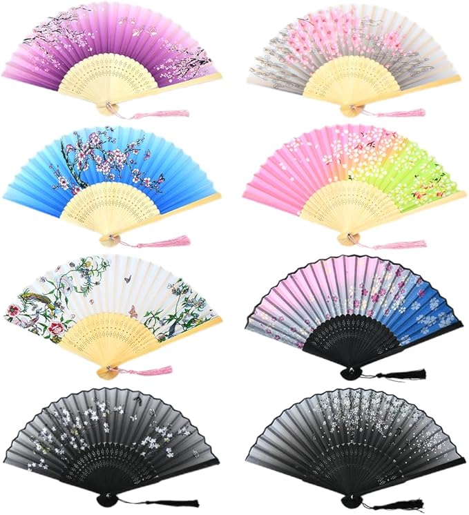 HUNANBANG 4 Pieces Oriental Bamboo Folding Hand Fans Church Wedding Gift, Party Favors, DIY Decoration Gift Size 8 1/4" Wholesale 10pack (Bamboo Assorted 4pack)