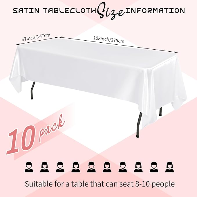 10 Packs Satin Tablecloth 57 x 108 Inch White Rectangular Table Cloth Silk Tablecloth Smooth Fabric Overlay Satin Table Cover Decoration for Wedding Party Banquet Events