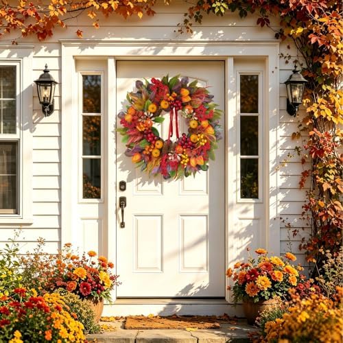 fall wreaths for front door 24" harvest thanksgiving showing dimensions