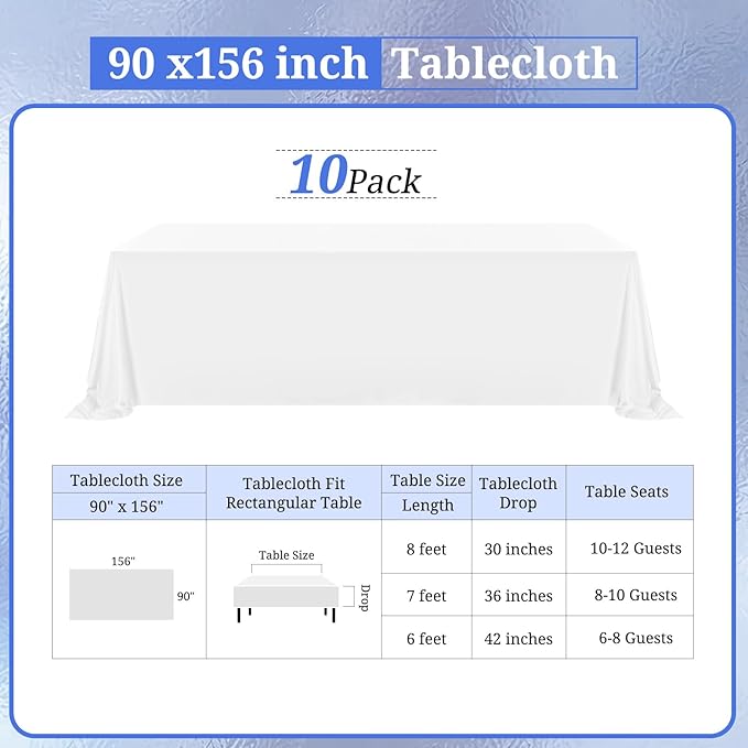 10 Pack Polyester Tablecloths, White 90 x 156 Inch Polyester Table Cloth for 8 Foot Rectangle Tables, Stain and Wrinkle Resistant Washable Fabric Table Cover for Wedding Banquet Restaurant Party