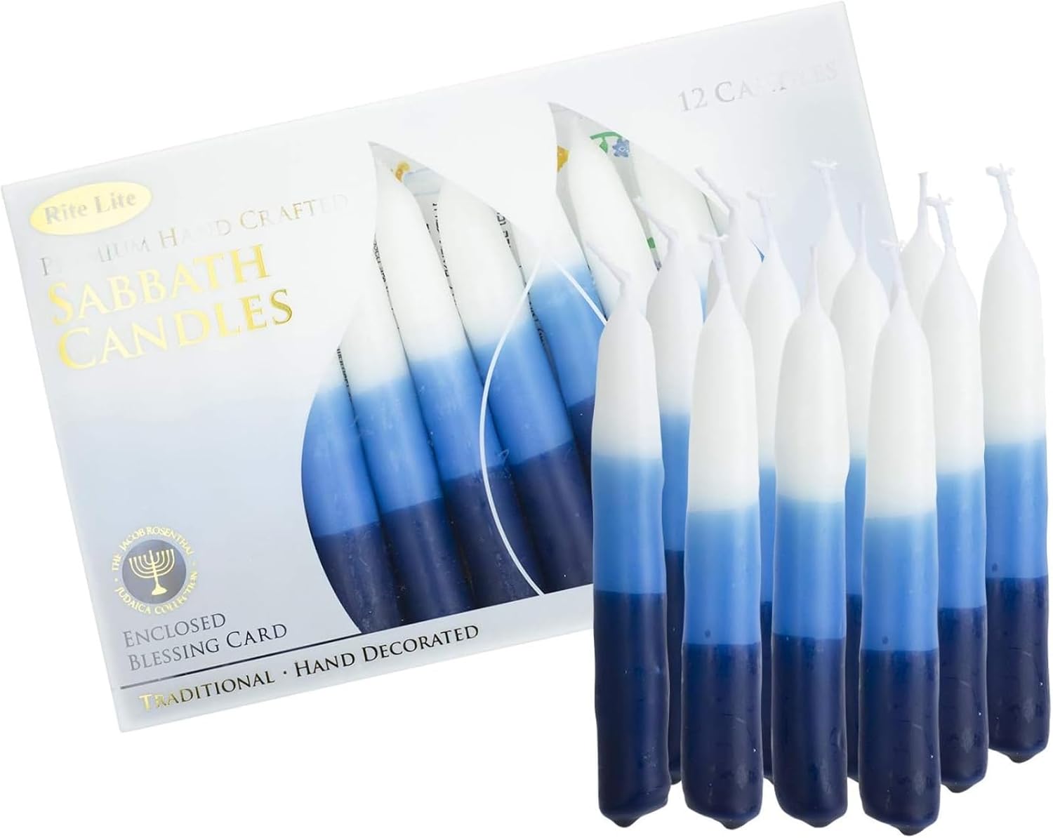 Rite Lite White & Blue Tricolor Shabbat Candles Premium 12 Pack Traditional Sabbath Dinner Table Jewish Home Decor Shabbos Candles Judaica Centerpiece Beautiful Gift Box & Hebrew English Blessing Card