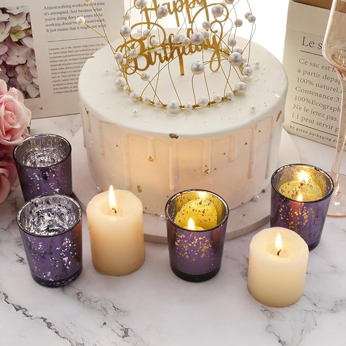 Purple Mercury Glass Tea Light Holders Set of 36 - Elegant Votive Candle Holders for Weddings, Showers and Home Decor - Perfect for Table Centerpieces and Parties (Glass, Purple)