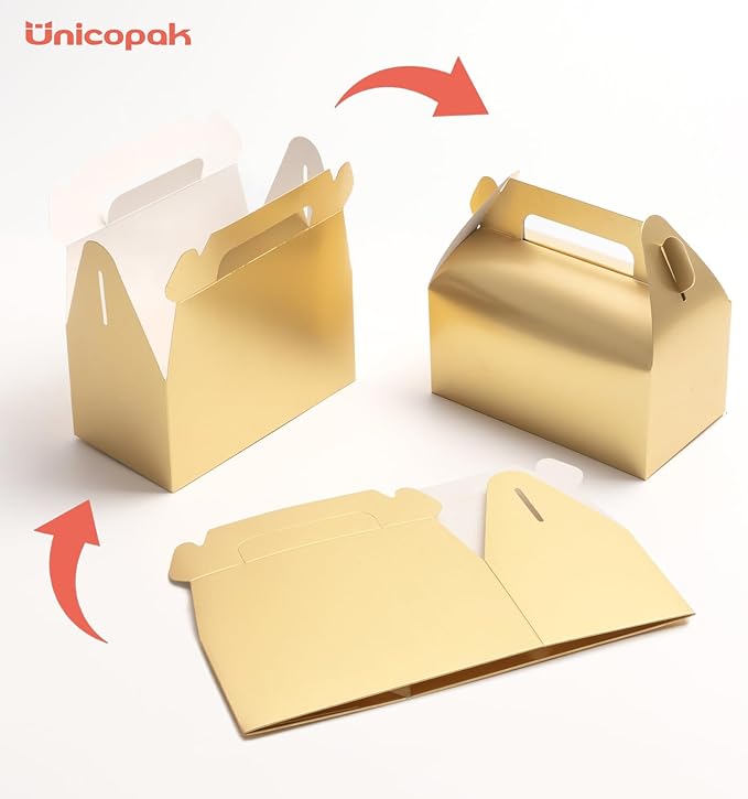 UnicoPak 30 Pack Gold Gable Treat Boxes, Party Favor Boxes, Gift Boxes for Kids, for Snacks, Candy, Toys, Birthday Party, Wedding, Halloween, Christmas – 6.5x3.5x3.5 Inches