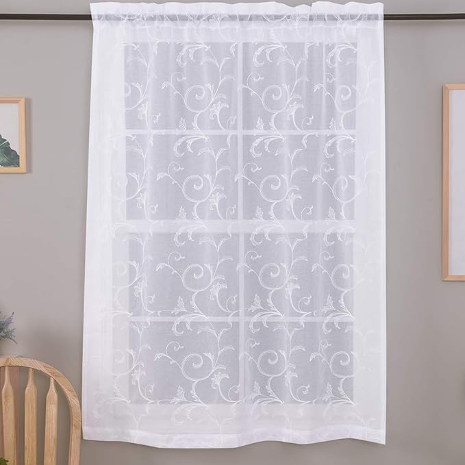 Sheer Curtains White 63 Inch Embroidered Floral, Rod Pocket Voile Drapes for Living room, Bedroom, Vintage Embroidered Semi Crinkle Curtain Panels for Yard, Patio, Villa, Parlor, Set of 2, 52"x 63".
