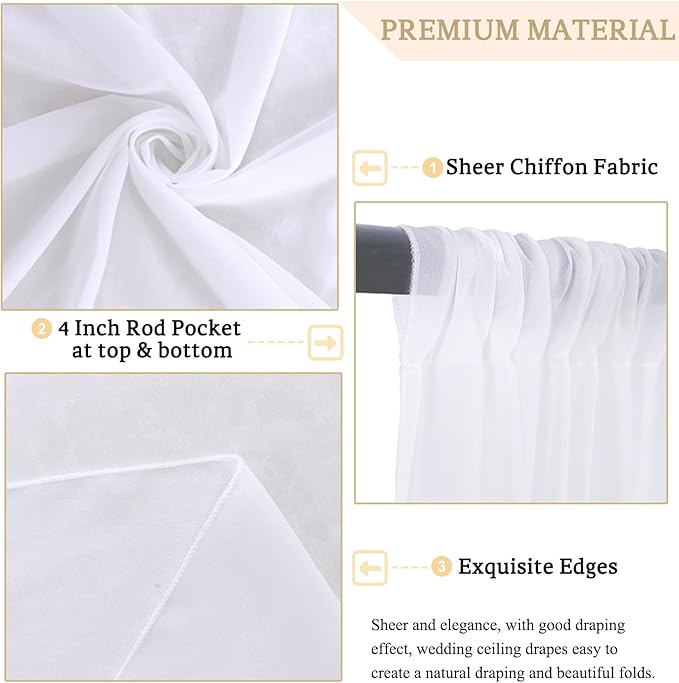 MODFUNS Wedding Ceiling Drapes White Wedding Arch Draping Fabric 2 Panels 5x20 FT Chiffon Drapery Curtains for Arbor Sheer Fabric for Draping Arch Decorations for Ceremony Swag Backdrop for Parties
