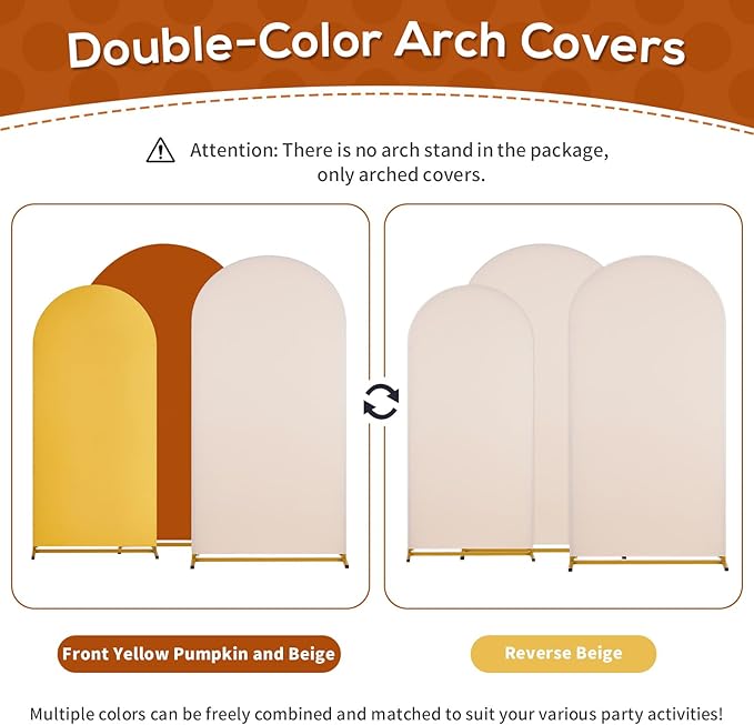 SoarDream Double-Sided Wedding Arch Backdrop Cover 6FT 6.6FT 7.2FT Set of 3 Spandex Fitted Arch Wall Stretchy Backdrop Covers Yellow Beige Pumpkin for Fall Decoration Birdal Shower Stand Decorations