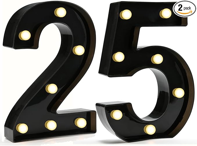 Pooqla 25th Birthday Decorations for Her Him, Black Light Up Number 25 for Party Table Decorations, 25th Birthday Gift for Men Women, Backdrop Wall Decor for 25th Wedding Anniversary Decoration