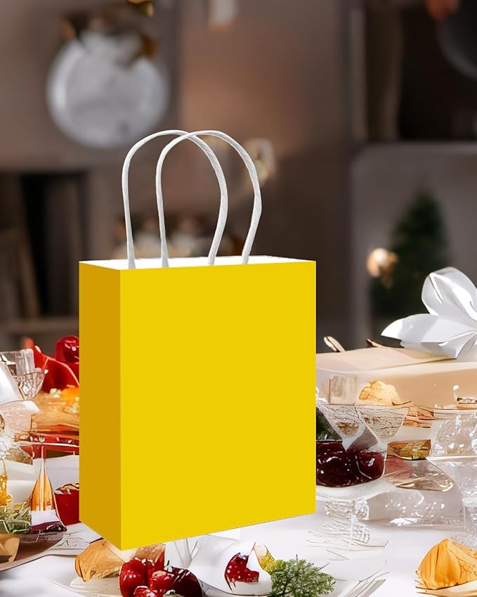 qiqee 50-Packs Bright Yellow Paper Gift Bags with Handles Bulk 11"x8.3"x4.3" Medium Size Paper Bags Multiple Uses