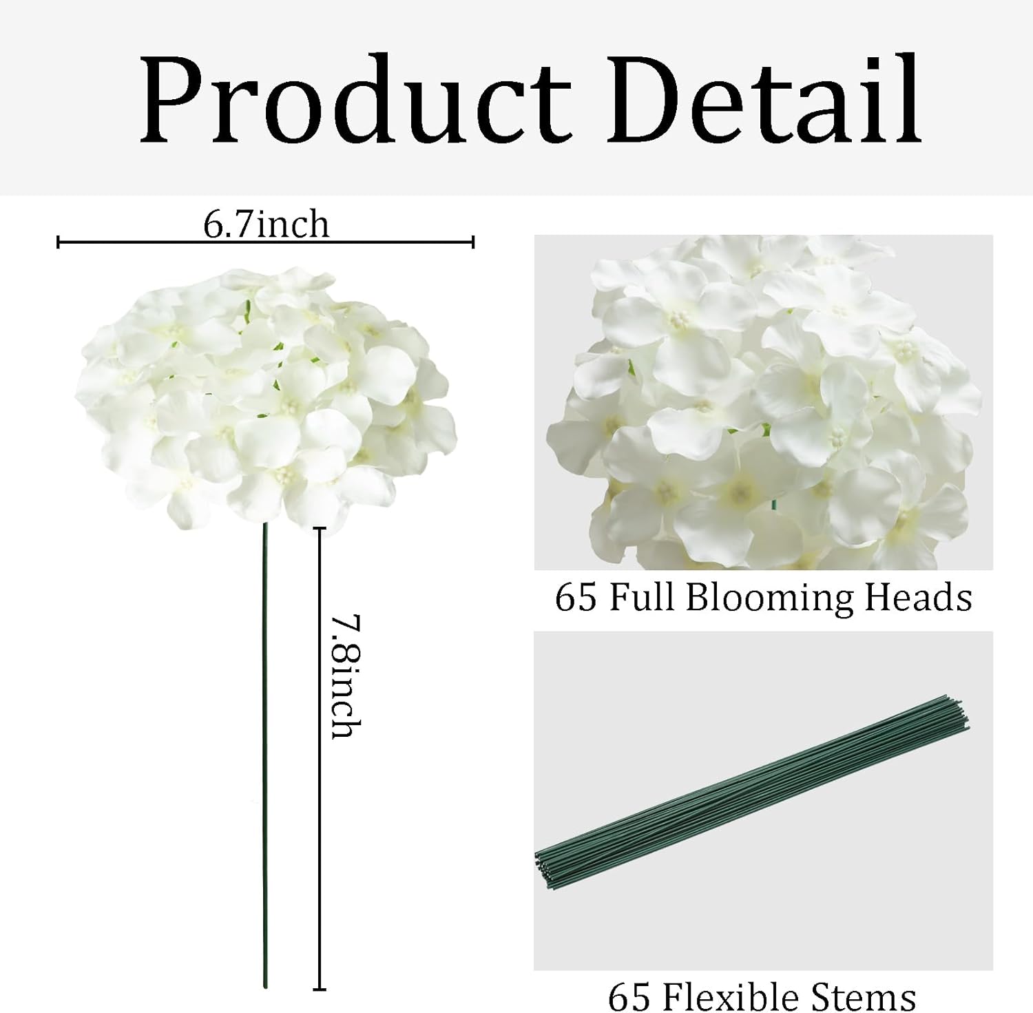 65Pcs White Hydrangea Artificial Flowers Bulk，Realistic Silk Fake Flowers with Stems，Faux Hydrangea Flowers for Wedding Home Decor Centerpieces Living Room Garden Party Baby Shower Decoration