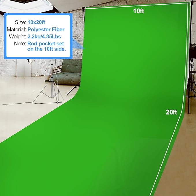 HEMMOTOP Green Screen Backdrop, 10 x 20 ft Large Chromakey Greenscreen Background Cloth for Live Streaming, Photography, Zoom, Camera Interview (Only Backdrop Without Stand)