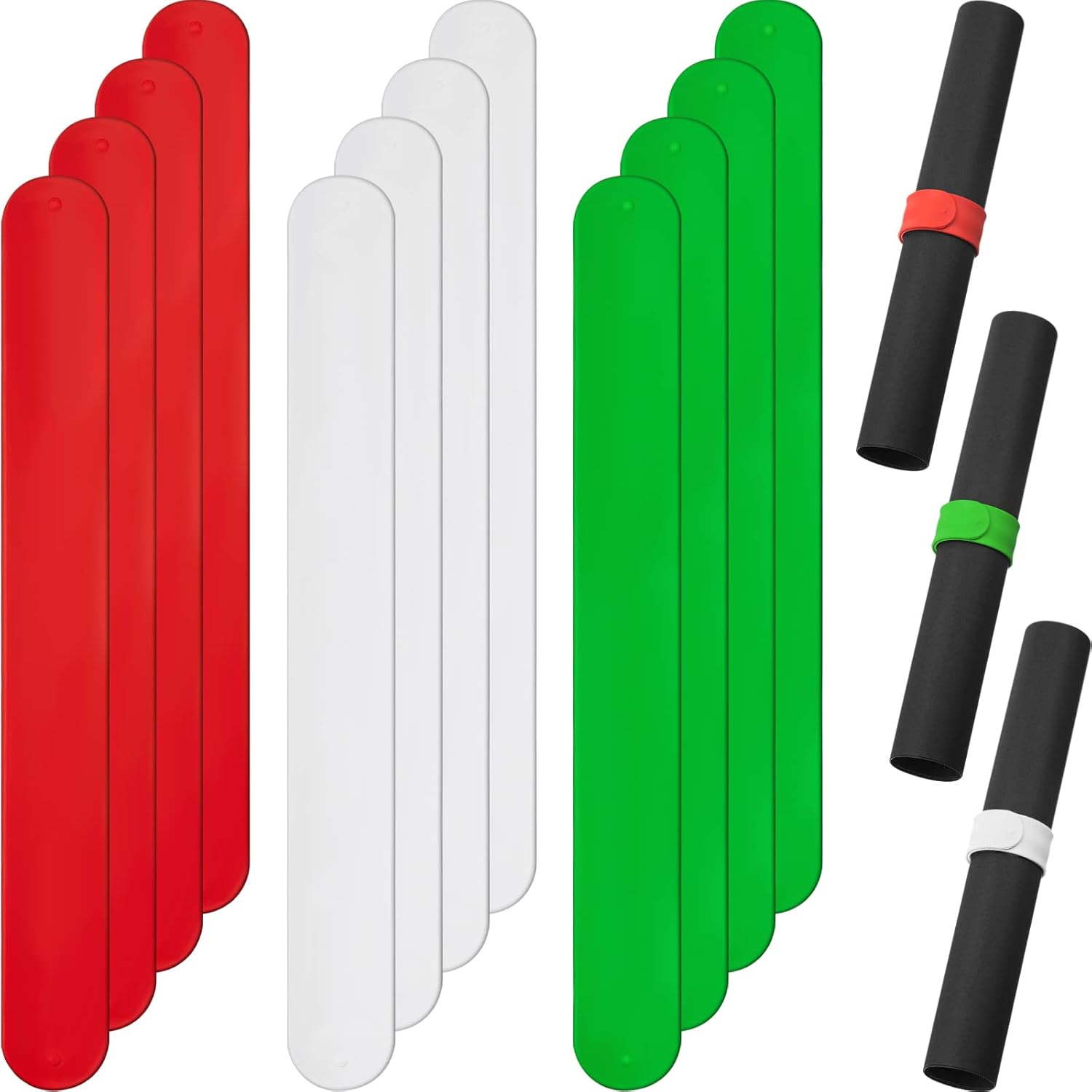 Charniol 12 Pieces Wrapping Paper Roll Holder Holiday Flip Wrap Silicone Covered Metal Strips 1'' x 9'' Stabilizer Slap Band for Christmas Poster Gift Paper Vinyl Storage Organize, White Red Green