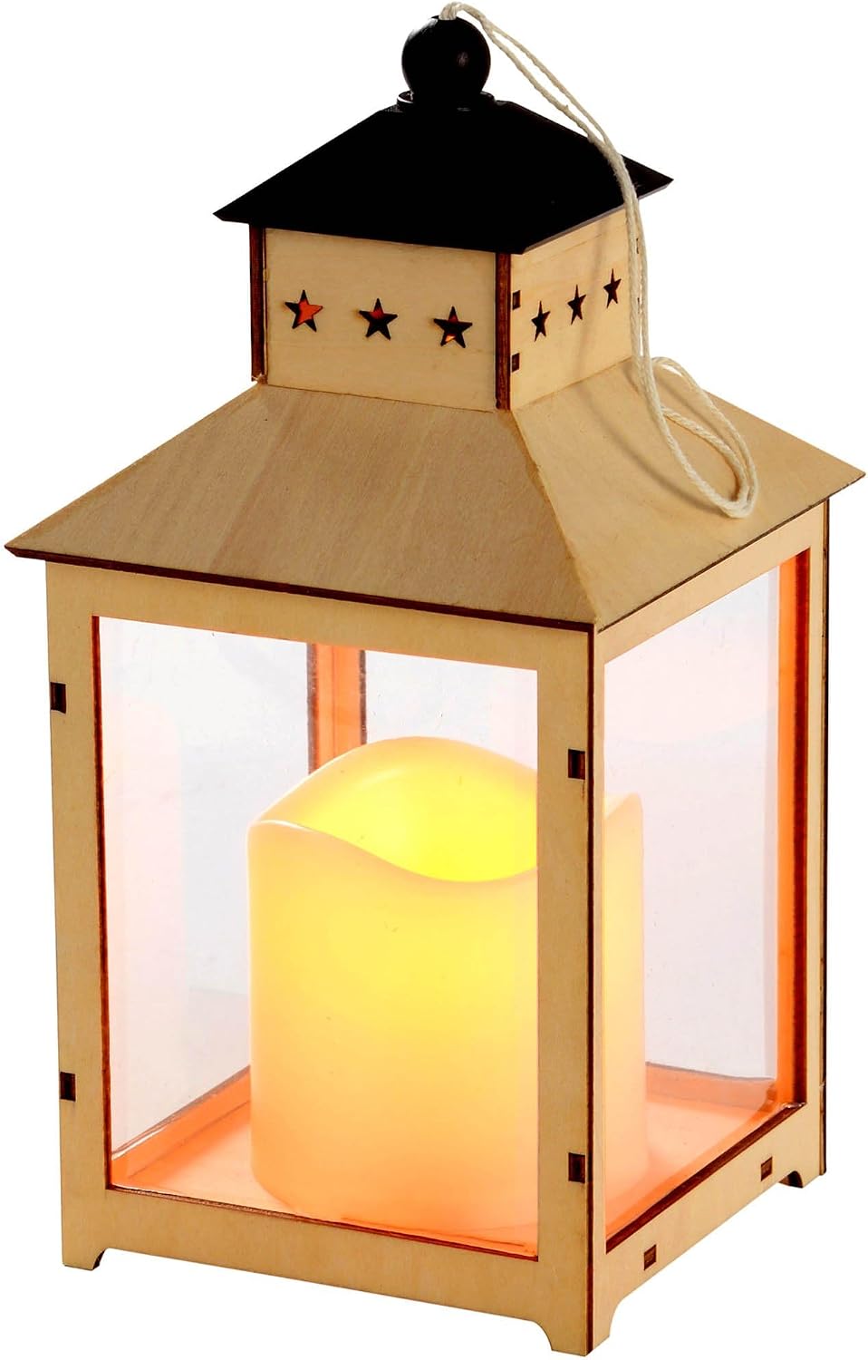 Pre-Lit Wooden Lantern with Flickering LED Candle Christmas Decoration - 21.5 x 12 x 12 cm, Multi-Colour