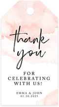 Andaz Press 100-Pack Personalized Thank You for Celebrating with Us Wedding Favor Tags with Bakers Twine Coral Brushed Watercolor Custom Cardstock Wedding Gift Tags for Party Favors 2 x 3.75-Inches