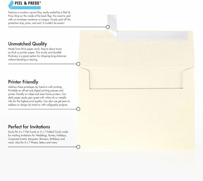 LUXPaper A7 Invitation Envelopes | Peel & Press | 5 1/4" x 7 1/4" | Champagne Metallic | 80lb. Text | 500 Qty
