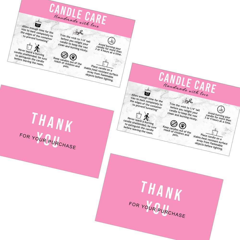 Handmade Candle Care Instruction Card, Card, for Makers Soy Bees Wax Coconut Essential Oils Black with White, 50 Pack 3.5 x 2 inches (Pink)