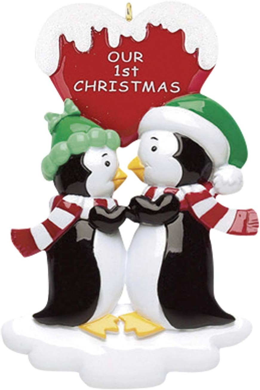 3D Personalized Our First Christmas Ornament 2026 Custom Penguin Couple Ornaments Snow Globe Couples Ornament 2026 Family of 2 Hearts Unique for Couple Ornaments Couples Unique Gifts