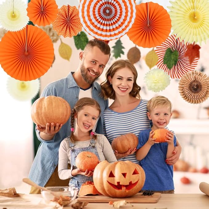 Easy Joy 14 Pcs Fall Party Decorations, Orange Hanging Paper Fans Autumn Paper Pompoms Lanterns Maple Leaves Bunting Garlands for Thanksgiving Celebration, Birthday Decor