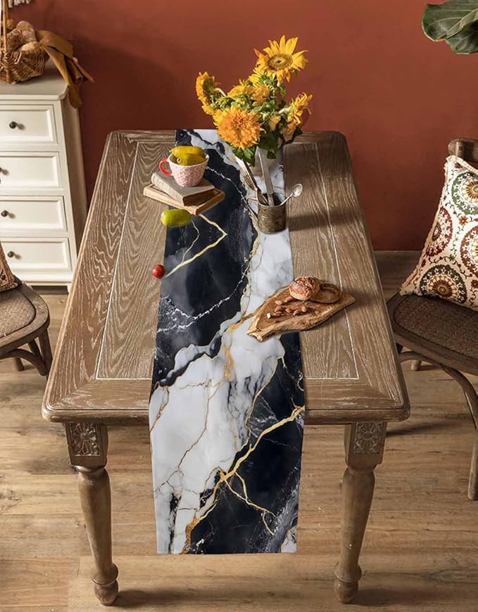 Black White Marble Cotton Linen Table Runner for Dining Kitchen, Wedding Outdoor Party Tablerunners Decoration, Nature Marble Crack Modern Art Dresser Scarf Coffee Tablecloth Runners 13x90 Inches