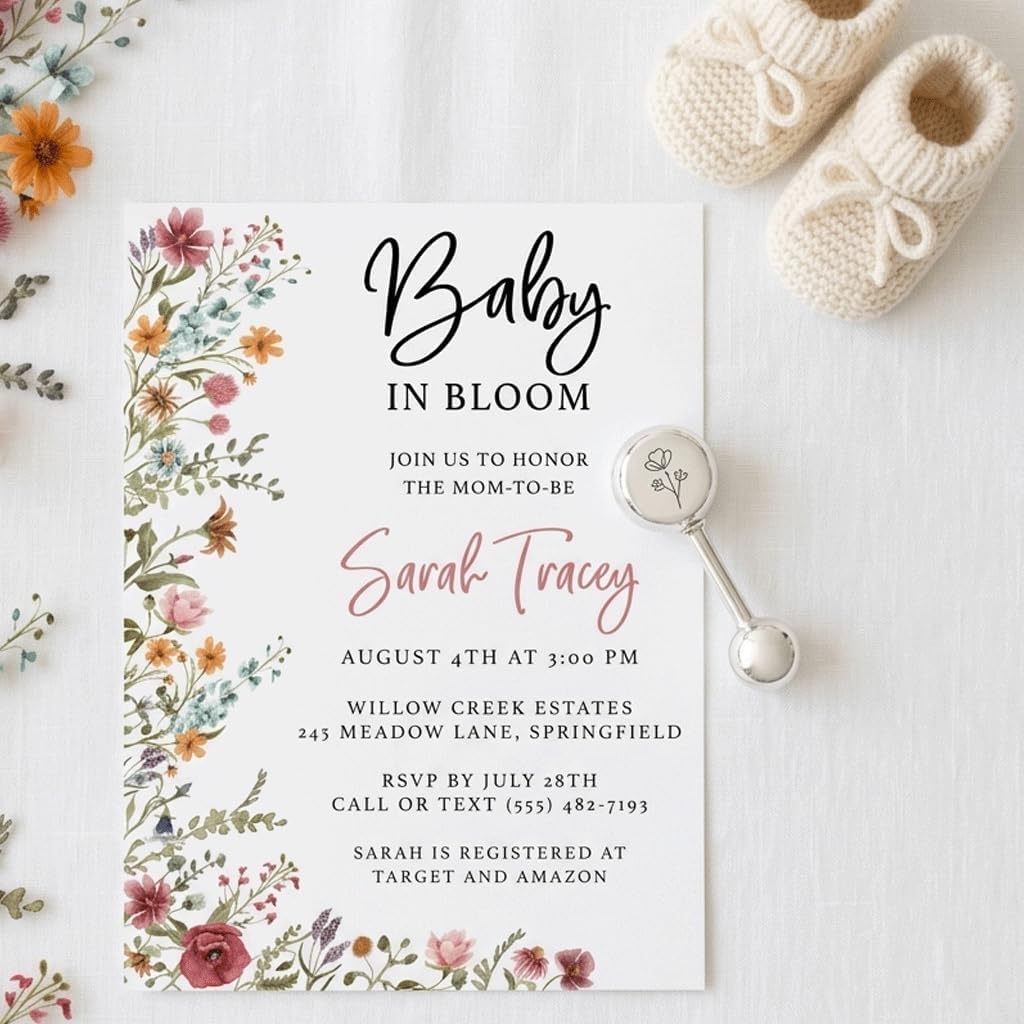 Printed Party Custom Baby Shower Invitations with Envelopes – Wildflower | Baby in Bloom Floral Design | Includes Matching Envelopes | For Girl Baby Shower or Sprinkle | Made in USA | 5x7