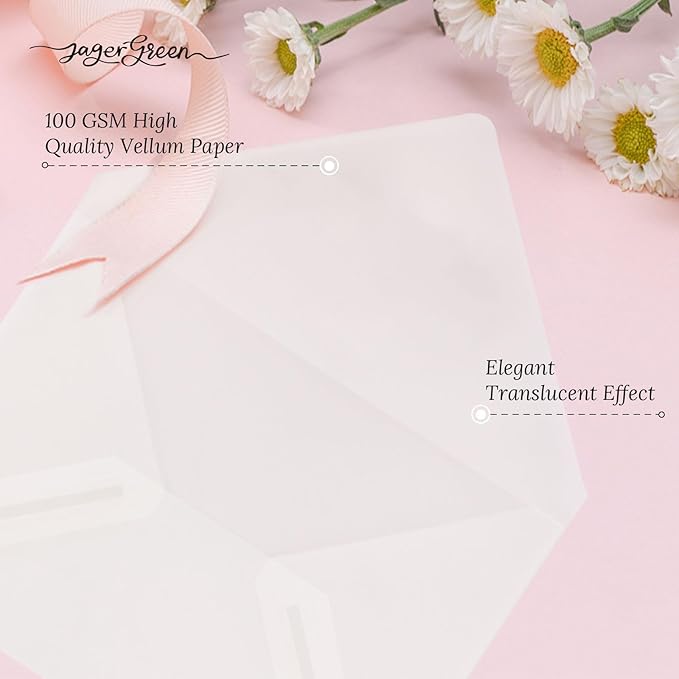 50 Pack 5x7 Vellum Envelopes Letter Size, A7 Translucent Glassine Envelopes for Wedding Invitation, Envelope 5.4x7.6 for Thank You Cards, Birthday Greeting, Lottery Ticket, Stamp Collecting