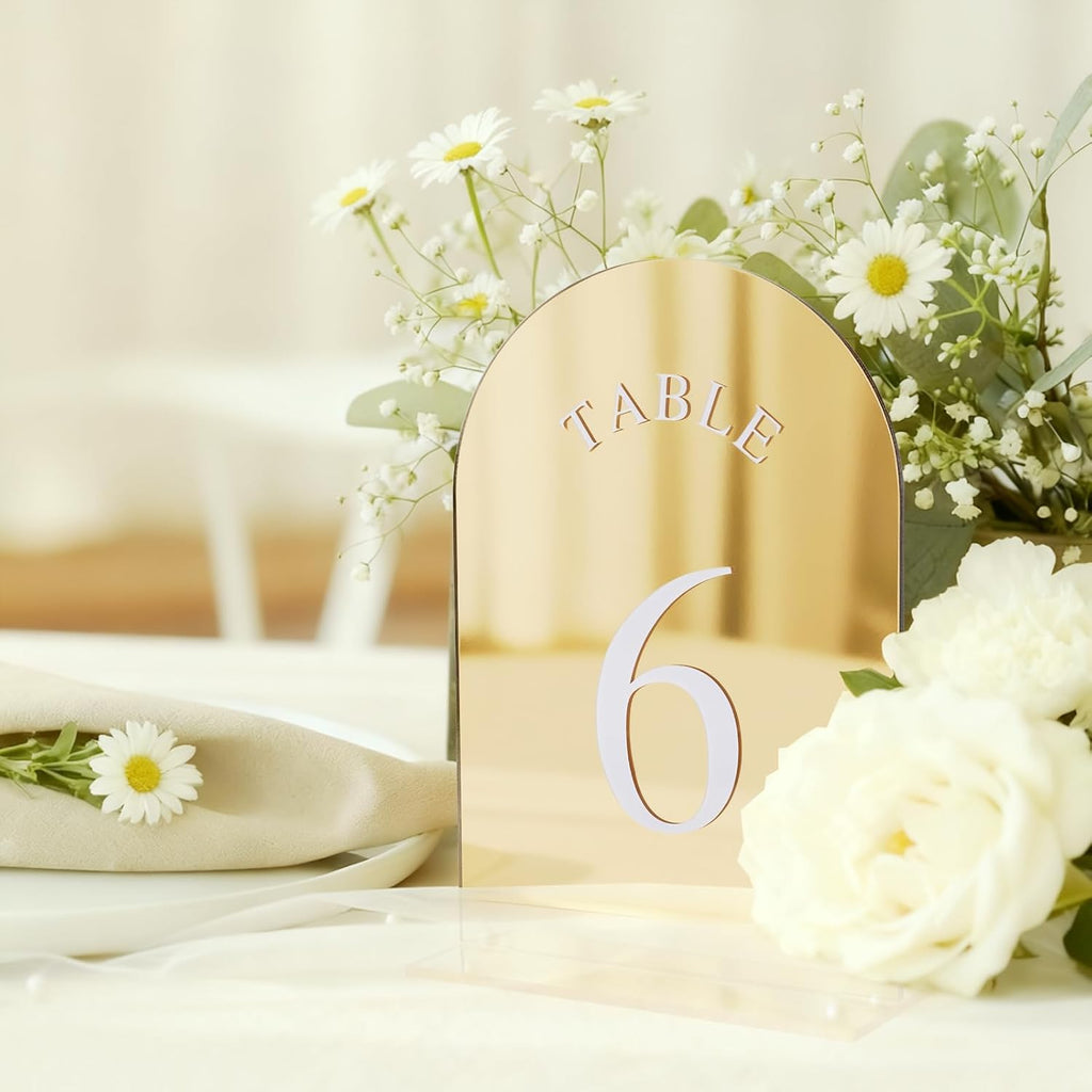 Gold Wedding Table Numbers with Stands, Double Sided 5x7 Inch Acrylic Signs Numbered 1-20, Elegant Arch Design Table Decorations for Wedding Reception Party Events