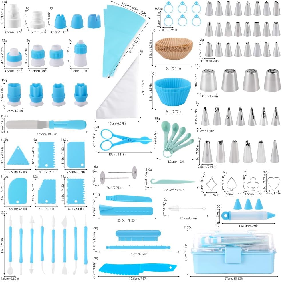 Cake Decorating Kit: Decorating Supplies Tools Kit 208 PCS Baking Accessories Include Spiping Bags and Tips Set, Piping Tips Set, Spatulas, Cake Scraper, 50 Piping Bags, Blue