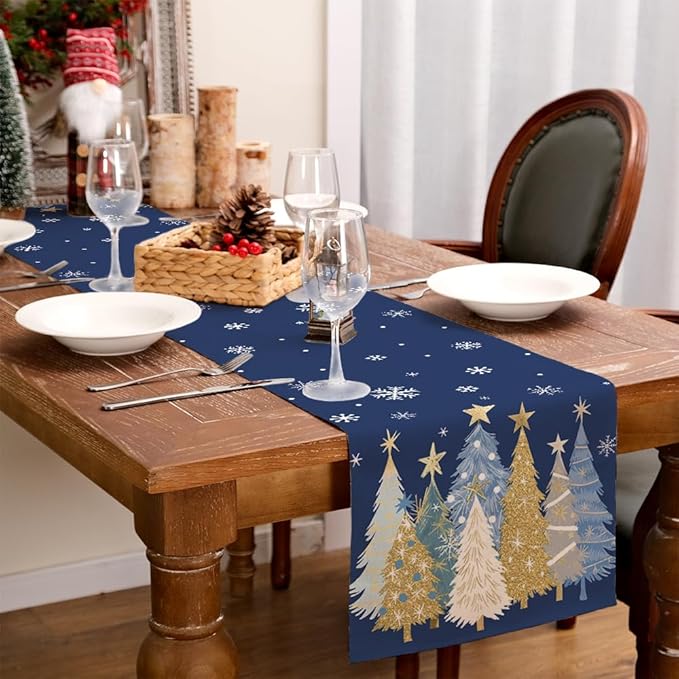 GEEORY Christmas Table Runner 13x72 Inch, Xmas Trees Snowflakes Holiday Decorative Farmhouse Table Decoration for Kitchen Dinning, Indoor Outdoor Dinner Party Decor (Blue) GT151-72