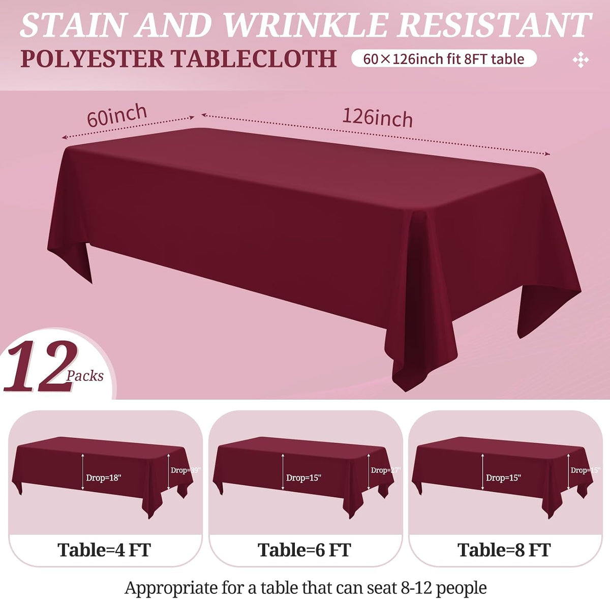 burgundy tablecloths for 8ft tables-60 x 126 inch shown in use