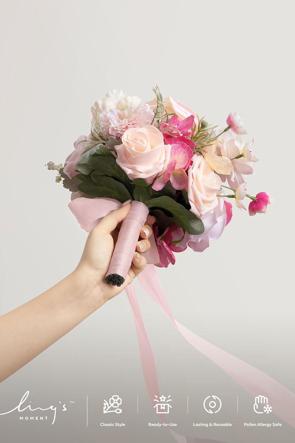 Ling's moment Artificial Flowers Powder Pink Cream Bridesmaid Bouquet 4 Pcs | Pink Wedding Flowers, 7 Inch Bridal Bouquets, For Bridesmaids