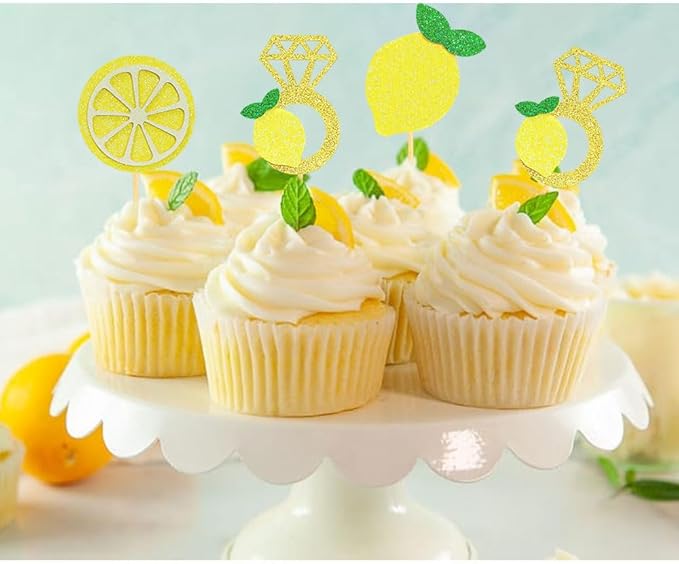 Glitter Lemon Cupcake Toppers Picks for Wedding Engagement Bridal Shower Bachelorette Party Decoration - Set of 24