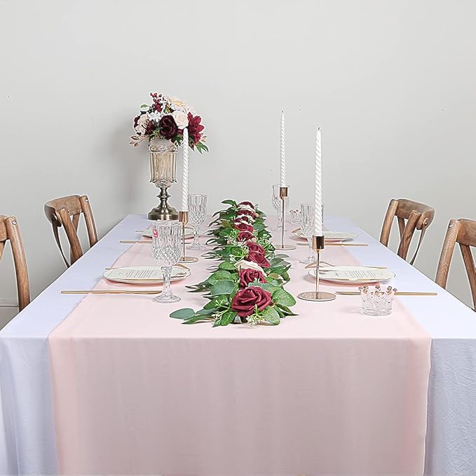 ponatia 6.5FT Handcrafted Artificial Rose Flower Garland, Eucalyptus Greenery Garland for Wedding Ceremony Garlands Backdrop Arch Flowers, Reception Table Decorations (Burgundy & Ivory Cream)
