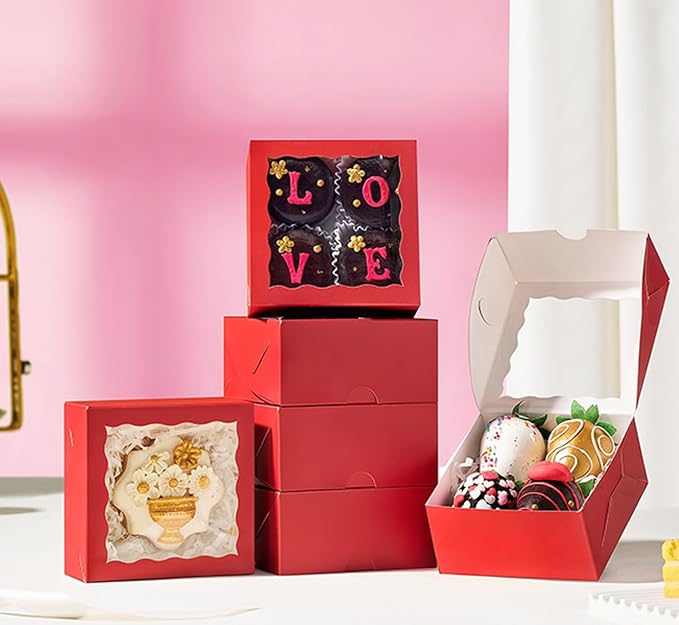 50-Count 4x4x2 Food-Safe Classic Red Bakery Boxes - Multi-Use Pastry & Treat Packaging for Cookies, Truffles & Wedding Favors (Stackable Gift Boxes for Cakes, Pies & Cinnamon Rolls)