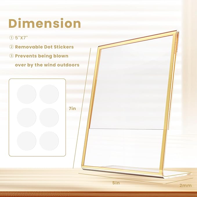 Acrylic Gold Frames 5X7, Slanted Back Gold Picture Frames Table Acrylic Sign Holder for Photos Wedding Table Numbers and Art Display with Removable Clear Sticky Dots，6 Pack