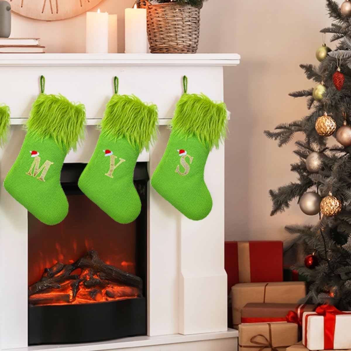 Green Christmas Stockings with Initials, 18” Knit Monogram Christmas Stockings with Golden Letter, Large Personalized Christmas Stocking for Christmas Tree Fireplace Home Decor