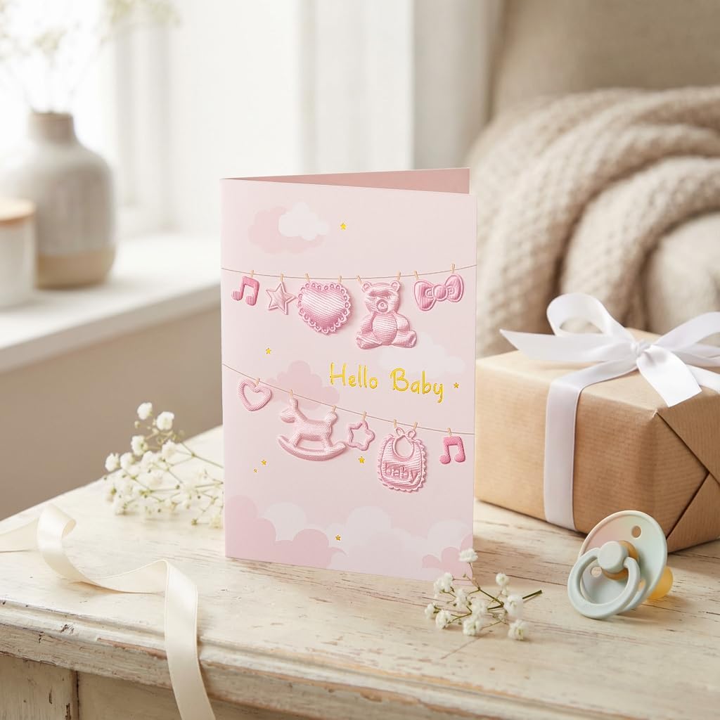 Crisky Baby Shower Card for Girls -3D Fabric Decor- Pink Rose Gold Welcome Congratulations Baby Card for New Baby Girl （Pink Bear）,5x7