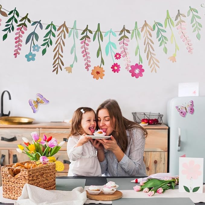 2PCS Flower Party Banner Wildflower Party Decorations Double-Sided Waterproof Flower Garland Baby Shower Birthday Tea Party Supplies Garden Picnic Wedding Backdrop Indoor Outdoor