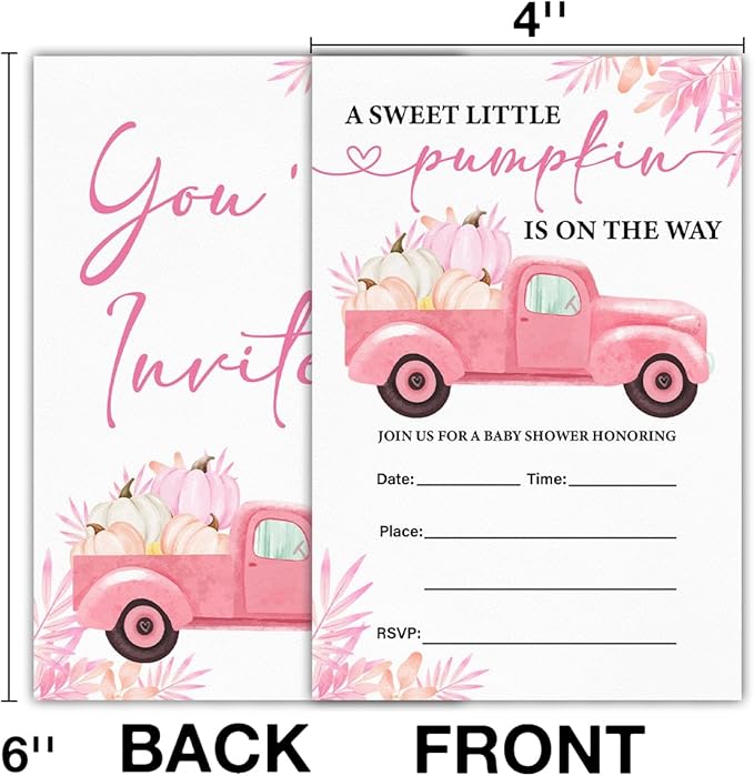 Pumpkin Baby Shower Party Invitations, Fall Pink Pumpkins Truck Baby Shower Party Fill in Invites Cards With Envelopes (20 Count), Double Sided Design