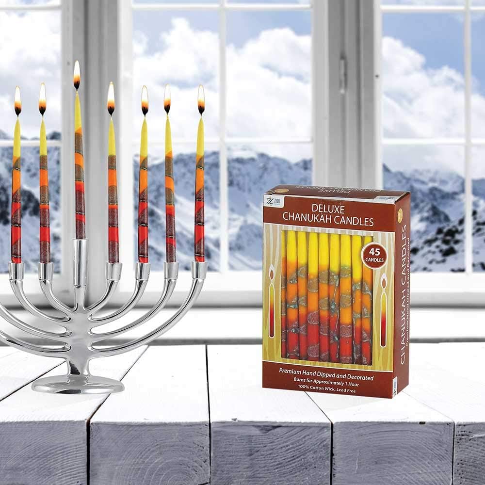 Zion Judaica Deluxe Chanukah Candle Set Blaze of Fire 45 Hand Made Thin Long Decorative Hanukkah Candles for Menorah Includes Prayer Card and DIY Dreidel Décor Candles for Parties Celebrations