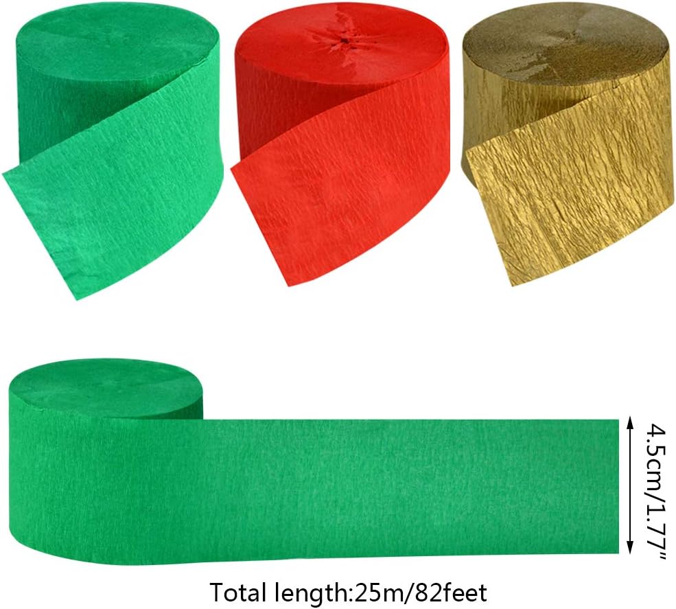 Crepe Paper Streamers for Christmas, jiebor 738 Ft Red Green Gold Crepe Paper Roll Christmas Party Room Wall Decor, 9 Rolls