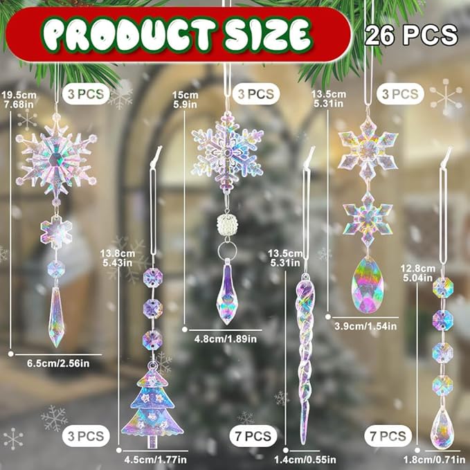 Lanpn 26pcs Christmas Ornaments Crystal Christmas Tree Decoration, Iridescent Hanging Clear Acrylic Snowflake Icicle Pendants Drop for Xmas Winter Outdoor Indoor Party Decoration Supplies Colorful