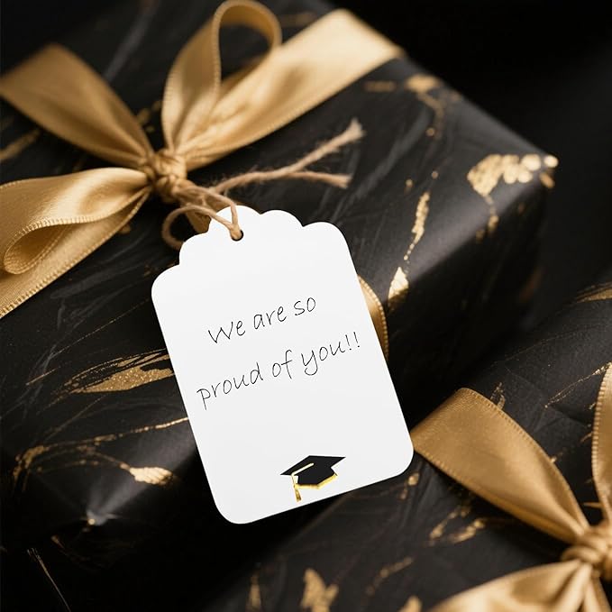 100Pcs Blank Gift Tags with String Foil Black Gold Grad Cap Large Paper Gift Tags with 65 Ft Jute Twine for Congratulations Graduation Congrats Grad Class of 2025 Party