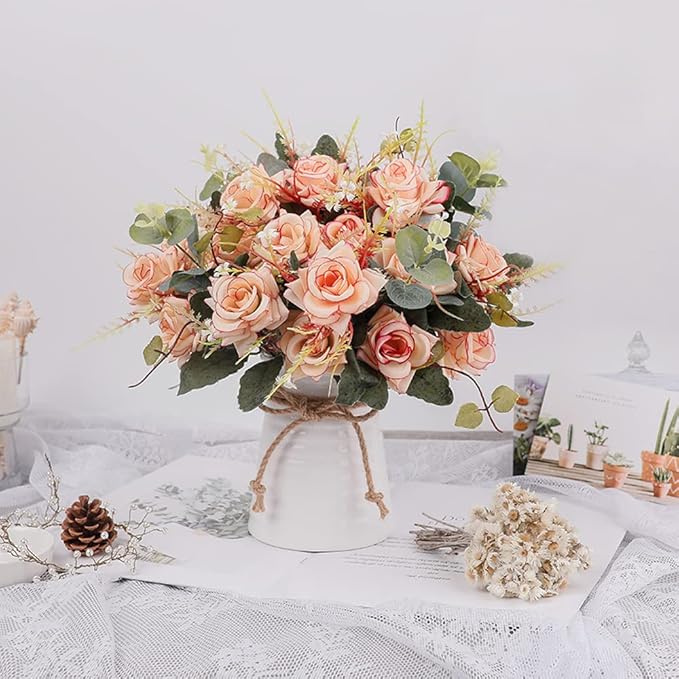 LESING Artificial Rose with Vase,Fake Silk Flowers Bouquets in Vase Table Centerpiece Arrangement for Kitchen Living Room (Pink-1)