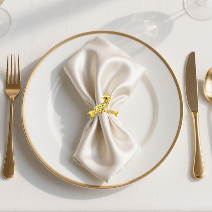 Napkin Rings Set of 8 Gold Bird Napkin Rings for Napkins,Shiny Metal Napkin Holders for Cloth Napkins,Unique Rustic Napkin Ring Holders,Summer Napkin Ring for Farmhouse Dining Table Decor
