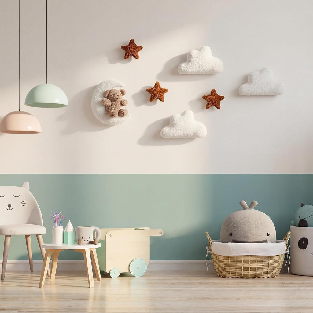 Chumia 7 Pcs Teddy Bear Nursery Wall Decor Boho Nursery Wall Art with Clouds Moon Star Soft Baby Room Decor Gender Neutral for Bedroom Decoration