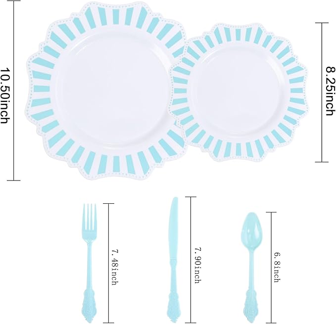 COLOSUS 150pcs Disposable Blue and White Striped Easter Plastic Party Plates and Silverware set, Light Blue Dinner/Dessert Plates silverware serve 30guests for Birthday Wedding Party and Daily use.
