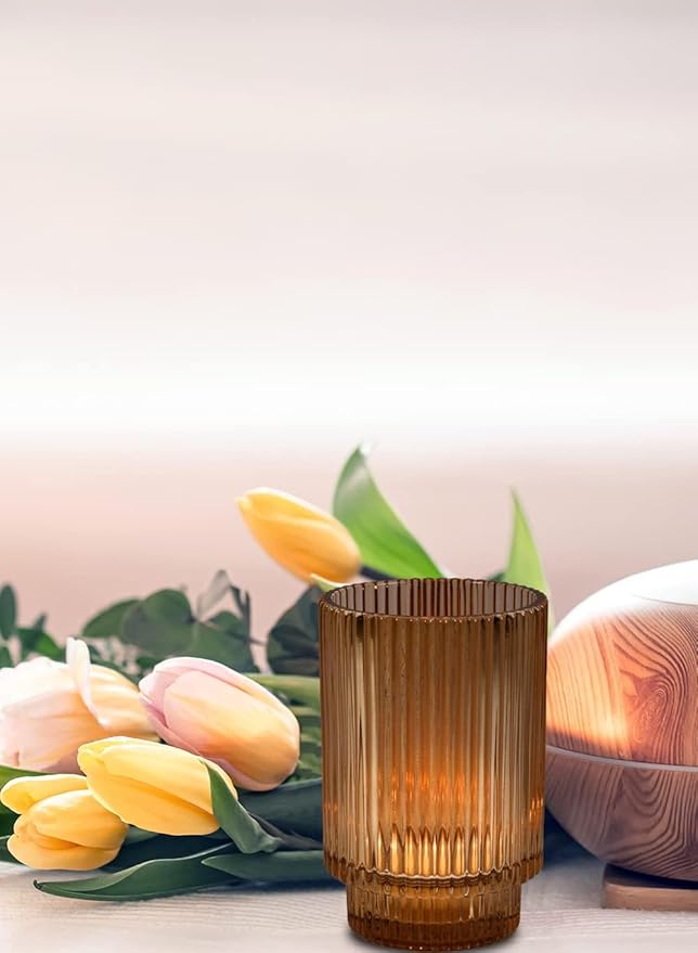 Serene Spaces Living Amber Ribbed Glass Votive Holder, Decorative Centerpiece for Wedding, Christmas, Thanksgiving, Living Room, Home Décor, Measures 3.25" Diameter and 5" Tall, Set of 24