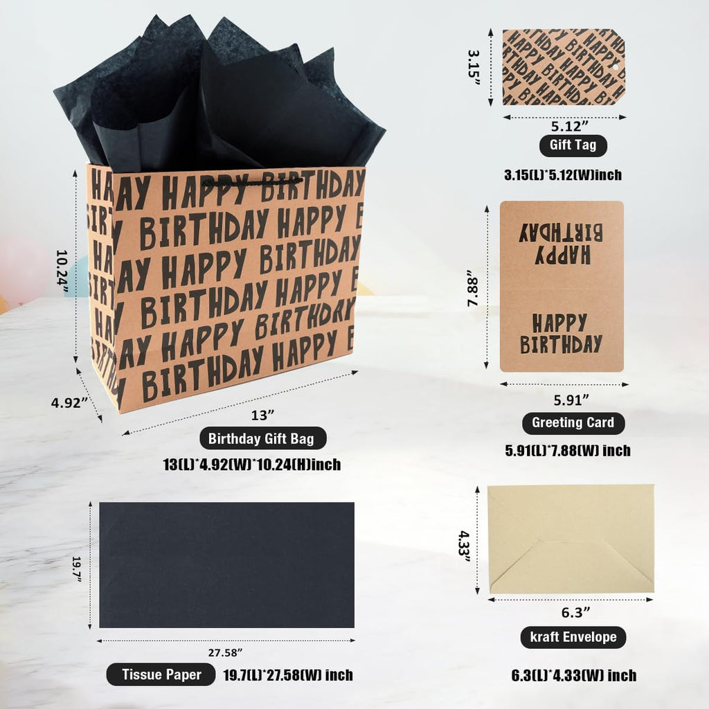 JAYTEM Birthday Gift Bag, Kraft Paper Large Gift Bag, Classic Black Lettering Design Happy Birthday Bag Set with Greeting Card, Tag, Envelope & Tissue Paper for Men, Boys, Kid